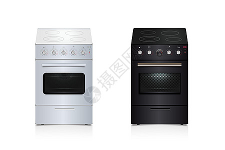 矢量 3D 套白色和黑色厨房炉灶在白色背景上 厨房用具背景图 厨房设计 房间清洁图片
