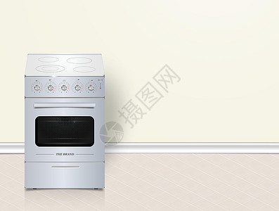 瓷砖上的矢量3D白色厨房炉子 厨房电器背景说明 厨房设计 房间清洁等图片