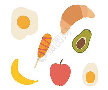 一套手绘的早餐食物和蔬菜 白纸上隔绝的平面图画 面条苹果 羊角面包 香肠 炒鸡蛋 鳄梨图片