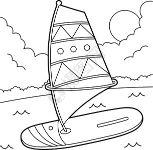 Windsurfer 儿童车辆彩色页面绘画染色运动彩页手绘填色本孩子们图画书冲浪者插图图片