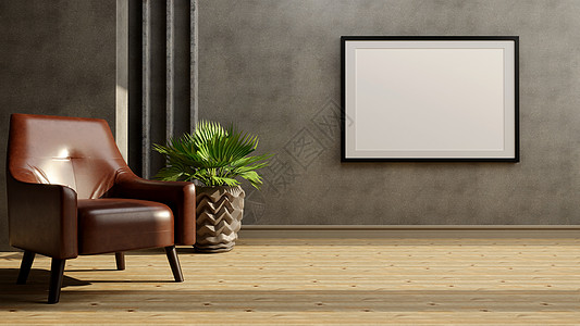 极简主义审美客厅室内设计 带植物和墙框的旧式沙发 3D 插图图片