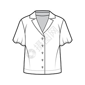 衬衫技术时装插图 用宽松的回衣营地领 前扣扣扣 短圆袖子办公室计算机男人男性服装丝绸裙子设计身体球座图片