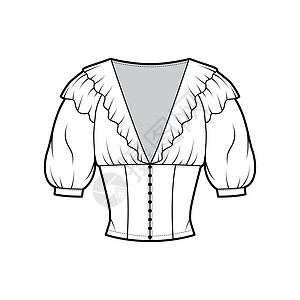 用肘盖袖 前扣扣子和装配的身体 来绘制压实的上衣技术时尚图示织物服饰计算机袖子服装球座女士办公室设计纺织品图片