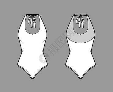 伸展体服技术时装图示 用深厚的U颈绳和细短的皮带绑在挖回来的背部时尚男人潜水织物纺织品设计棉布草图小样脖子图片