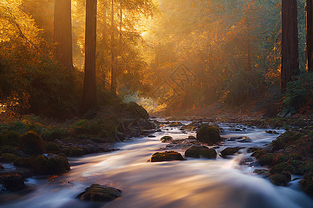 清晨阳光明亮 秋天阳光灿烂 和平的河流在红树林中流动静脉农村植物公园收成生活叶子季节旅行晴天图片