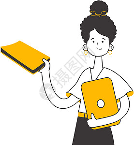 这女孩手里拿着一本书和一台笔记本电脑 线性潮流风格 孤立在白色背景上 矢量插图图片
