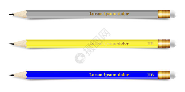 套有橡皮擦的现实木铅笔 黄色蓝色和灰色的简单铅笔 海报 横幅 设计 广告印刷设计的矢量插图图片