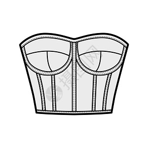 Corset风格的胸罩式顶级技术时装插图 配有模塑杯 近身 后拉链紧固 长条纹草图设计小样身体女孩针织品衬衫裙子棉布袖子图片