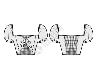 铁顶前端最高级技术时装插图 上面有弓尾 浮肿的布卢森袖子和弹性背女性计算机纺织品设计女孩球座棉布服饰女士男人图片