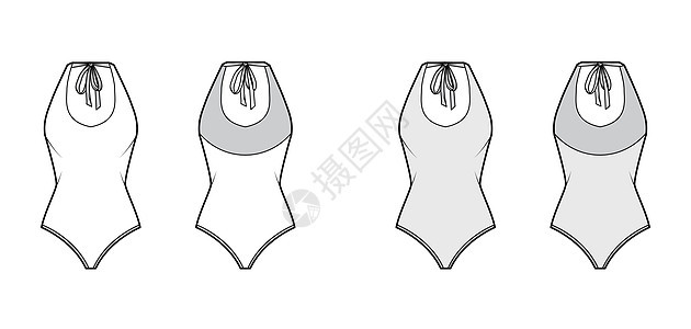 伸展体服技术时装图示 用深厚的U颈绳和细短的皮带绑在挖回来的背部服饰计算机草图小样男人潜水织物女士设计女孩图片