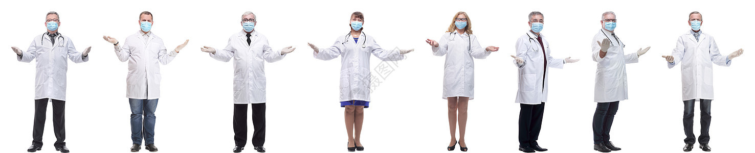 一群戴面罩的医生 在白色上被孤立合作手势职业医疗保险外科临床护理人员团体卫生工作图片