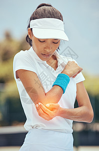在健康运动 训练和健康锻炼中 网球女子 肘部疼痛和抽象损伤在运动场上 比赛中运动员的健身压力 倦怠和医疗紧急情况或手臂事故图片