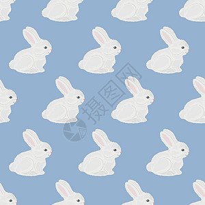 兔子 无缝图案与白色兔子的形象 有白色毛皮的野兔 蓝色背景上用于印刷和包装的兔子图案 矢量图图片