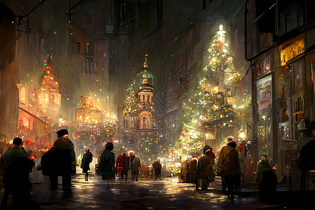 夜里拥挤的圣诞节欧洲街头 神经网络创造艺术 笑声想像力树木街道市场装饰人工智能房屋汽车城市图片