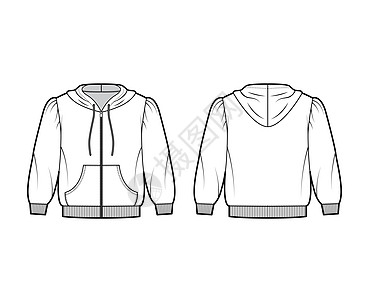 以肩 肘袖前口袋充斥的圆顶棉球帽式技术时装图示用浮肿的肩膀和手袖女孩夹克织物风衣孩子们绘画男人套衫运动衫小样图片