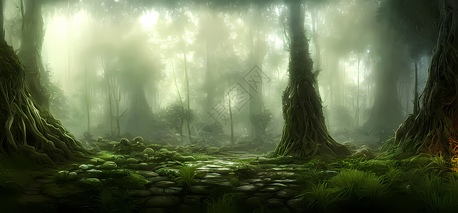 梦幻蝴蝶美丽的魔法森林神话般的树木 森林景观 背景壁纸 概念艺术的数字艺术绘画背景