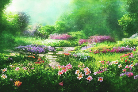 3D 制成花卉和树木的花园数码绘画 Floral HD壁纸叶子生长蓝色花瓣雏菊橙子环境季节植物学晴天图片