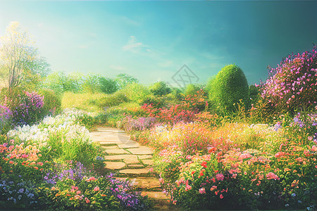 3D 制成花卉和树木的花园数码绘画 Floral HD壁纸雏菊公园天空野花场地阳光晴天橙子叶子植物群图片
