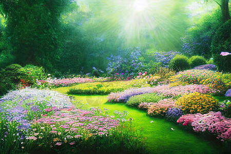3D 制成花卉和树木的花园数码绘画 Floral HD壁纸植物群雏菊天空场地生长叶子阳光植物学紫色公园图片