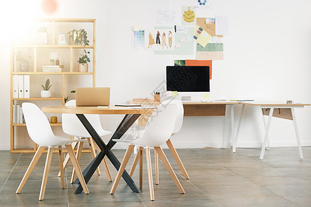 办公室室内设计 工作区建筑和带木椅的办公桌 工业专业室 混凝土地板和白色墙漆 想法样式故事板 现代计算机和空的装饰图片