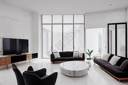 现代客厅 3D 与白色豪华家具植物用餐房间桌子奢华地毯枕头财产厨房地面图片