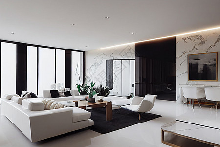 现代客厅 3D 与白色豪华家具桌子建筑学木头财产装饰厨房窗户用餐沙发长椅图片
