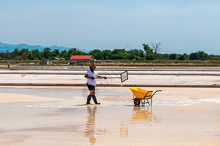 克罗地亚宁  2021 年 7 月 8 日 男子在沼泽地捡盐并装满手推车 收割盐的盐农 海盐是海水蒸发产生的盐盐水工艺矿物食物天图片