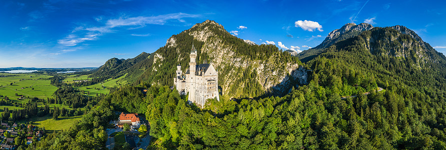 德国巴伐利亚富森附近著名的新天鹅堡 拥有风景秀丽的山景 德国旧天鹅堡的新天鹅堡森林万高农村旅行鸟瞰图国王目的地城堡山脉地方图片