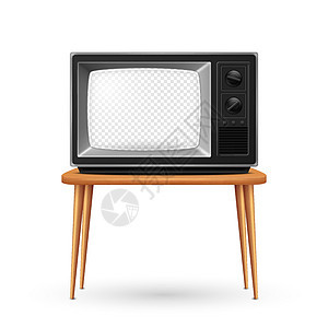 矢量 3d 逼真的复古电视接收器在木桌上站立特写隔离在白色 带透明屏幕的老式电视机 电视 前视图电视节目广播新闻业电影视频电话展图片