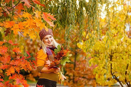 有秋叶的年轻姑娘手握着秋叶 落下黄色的橄榄树花园背景叶子女孩时尚魅力长发闲暇树叶季节快乐微笑图片