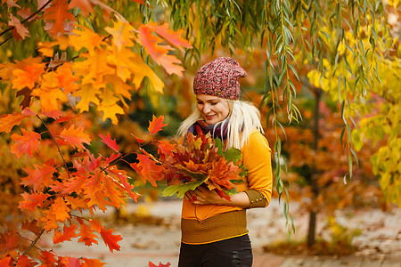 有秋叶的年轻姑娘手握着秋叶 落下黄色的橄榄树花园背景快乐时尚长发微笑魅力成人季节女性闲暇树叶图片