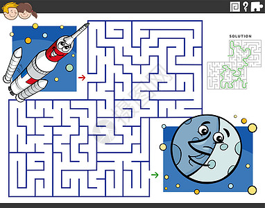 太空和月亮中带卡通火箭的迷宫图片