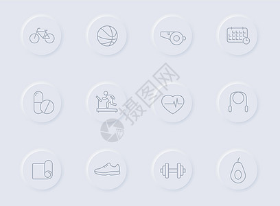 圆形橡胶按钮上的健身线灰色图标 为 web 移动应用程序 ui 设计和促销业务测绘术设置的健身图标跑表肌肉健身房网络腰部活动橡皮背景图片