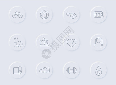 圆形橡胶按钮上的健身线灰色图标 为 web 移动应用程序 ui 设计和促销业务测绘术设置的健身图标跑表肌肉健身房网络腰部活动橡皮图片