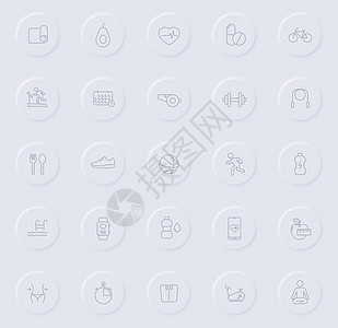圆形橡胶按钮上的健身线灰色图标 为 web 移动应用程序 ui 设计和促销业务测绘术设置的健身图标运动有氧运动饮食橡皮自行车阴影背景图片