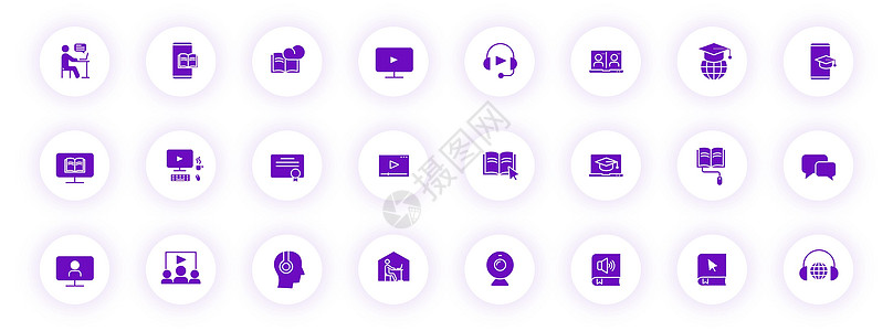 在带有紫色阴影的浅色圆形按钮上学习紫色剪影图标 用于 web 移动应用程序 ui 设计和打印的电子学习矢量图标集图片