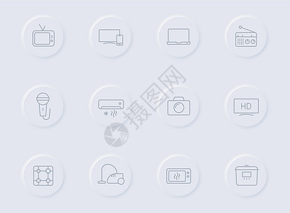 圆形橡胶按钮上的家庭线灰色图标 为网络 移动应用程序 用户界面设计和促销商业印刷术设置的家庭图标橡皮烤箱微波真空电视房子厨房阴影图片
