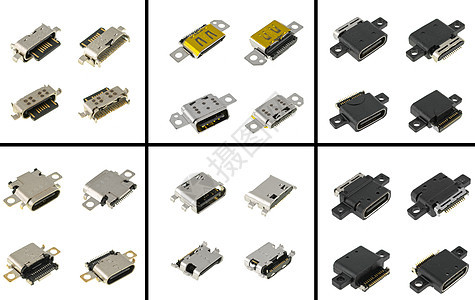 C型插座连接器 电话备件 平板电脑 白色背景的计算机 拼贴闪电数据硬件活力流动技术别针绳索金属塑料图片