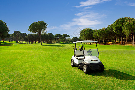 高尔夫球车在土耳其Belek 有绿色草地 蓝天空和树木的高尔夫球场图片