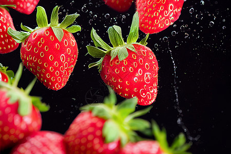 3D 使草莓在喷水器中分离出黑色背景的草莓团体水果甜点食物水滴饮食反射液体叶子图片