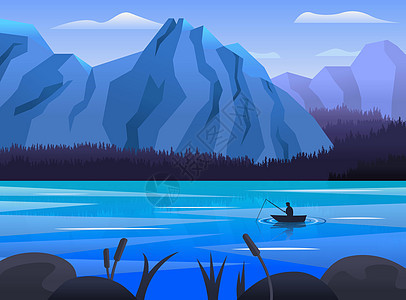 蓝色湖泊和山丘的美丽全景景观图片
