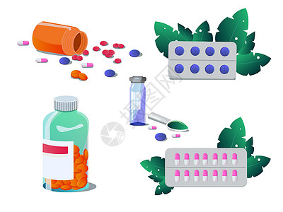 一组矢量药丸和胶囊 水泡药片 止痛药 抗生素 维生素和阿司匹林 传统药物 药房和药物符号 白色背景上的医学插图图片