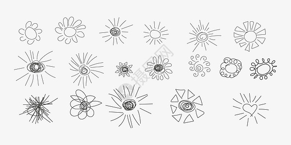 矢量大面太阳 白色背景所隔离的一组手画黑图标圆圈收藏晴天手绘绘画涂鸦日出标识写意射线图片