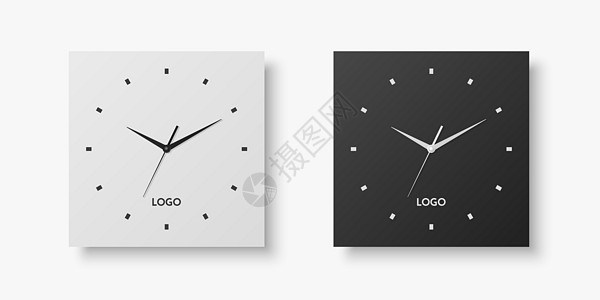 矢量 3d 逼真白色 黑色方形墙壁办公室时钟设置 设计模板隔离在白色 使用罗马数字拨号 用于品牌和广告隔离的挂钟模型 钟面设计盘图片
