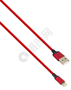 在白色背景上带有 USB 和 Lightning 连接器的电缆绳索电话红色数据剪裁金属避雷线手机技术力量图片