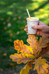 用秋叶泡一杯咖啡在女人手中图片