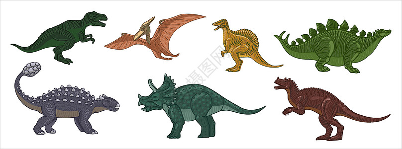 翼龙 三角龙 霸王龙 棘龙 剑龙 甲龙 异特龙 组的恐龙 在老式复古风格 linocut 中的插图图片