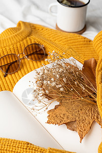 温暖毛衣 白书 热茶杯和秋叶的舒适成分羊毛制品杯子女性早餐桌子饮料咖啡店生活季节图片