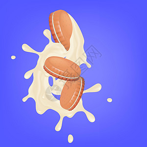 夹心饼干 令流 牛奶飞溅的饼干 包装设计模板 具有发光效果的蓝色背景 食品和糖果 烘焙主题 矢量 3d 图图片