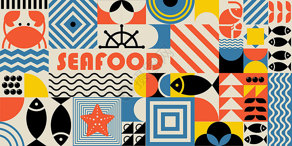 Bauhaus风格的海产食品背景和抽象形状 数字三角形流行音乐横幅正方形设计螃蟹传单艺术打印艺术品图片